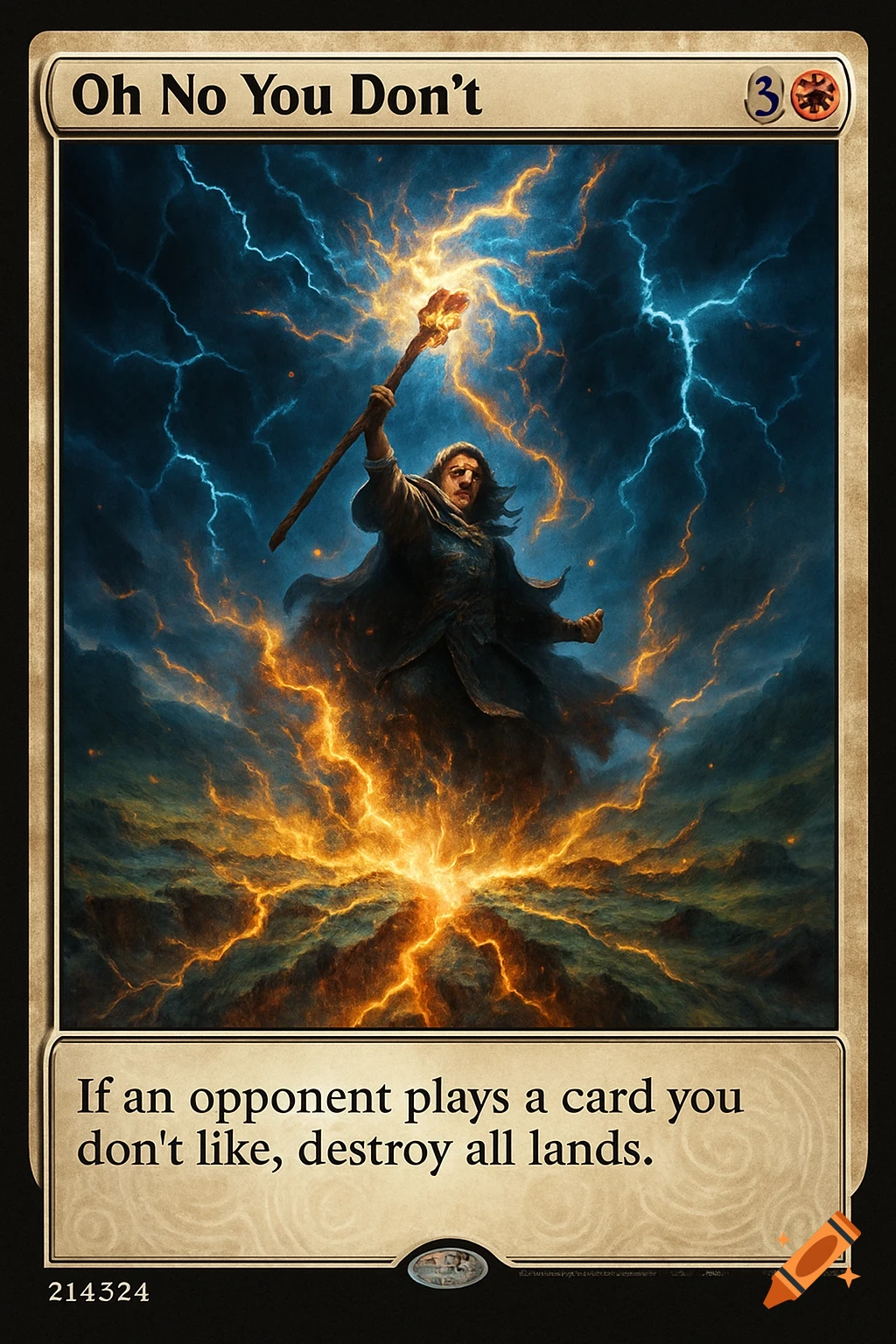 A fantasy game card titled 'Oh No You Don't' featuring a wizard wielding a staff amidst blue and orange lightning, with game text.