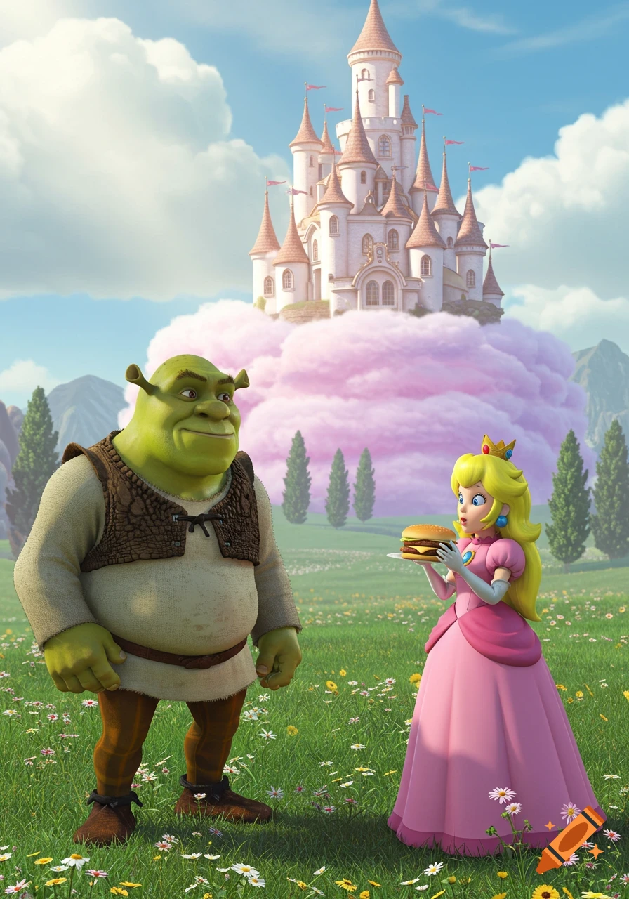 Shrek and Princess Peach stand in a vibrant green field with a pink castle on a cloud in the background. Peach holds a hamburger.