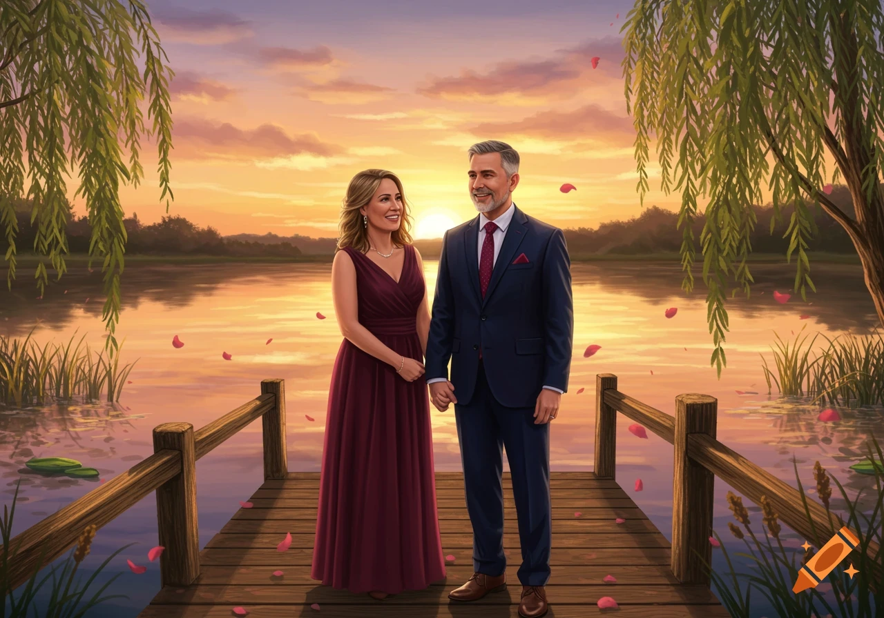 A smiling couple holding hands on a wooden pier overlooking a lake at sunset with rose petals scattered.