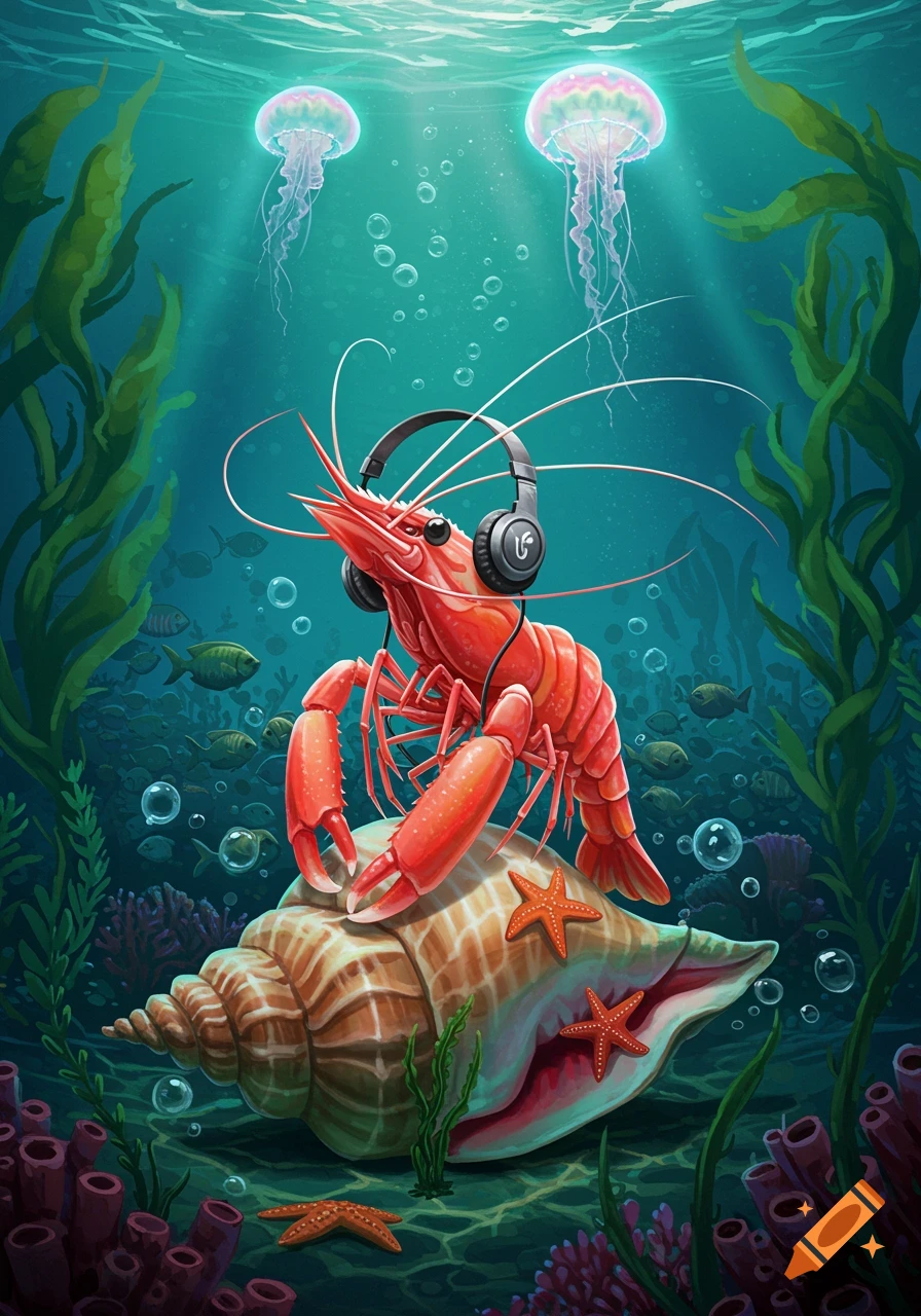 A vibrant illustration of a red shrimp wearing black headphones, sitting on a conch shell in a colorful underwater scene with jellyfish and plants.