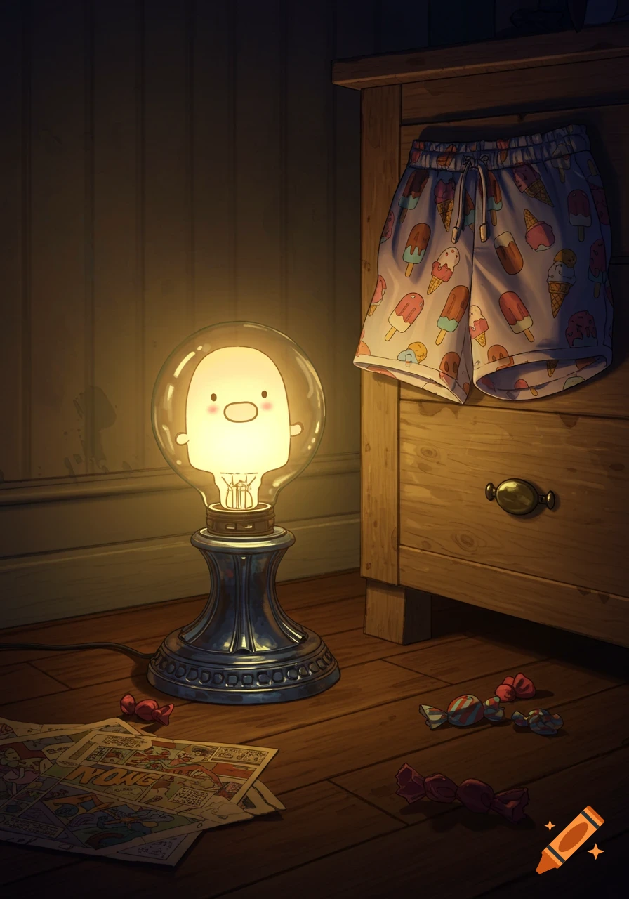A cute glowing lightbulb character nightlight sits beside a dresser with ice cream shorts. Comics and candy are on the floor in a cozy room.