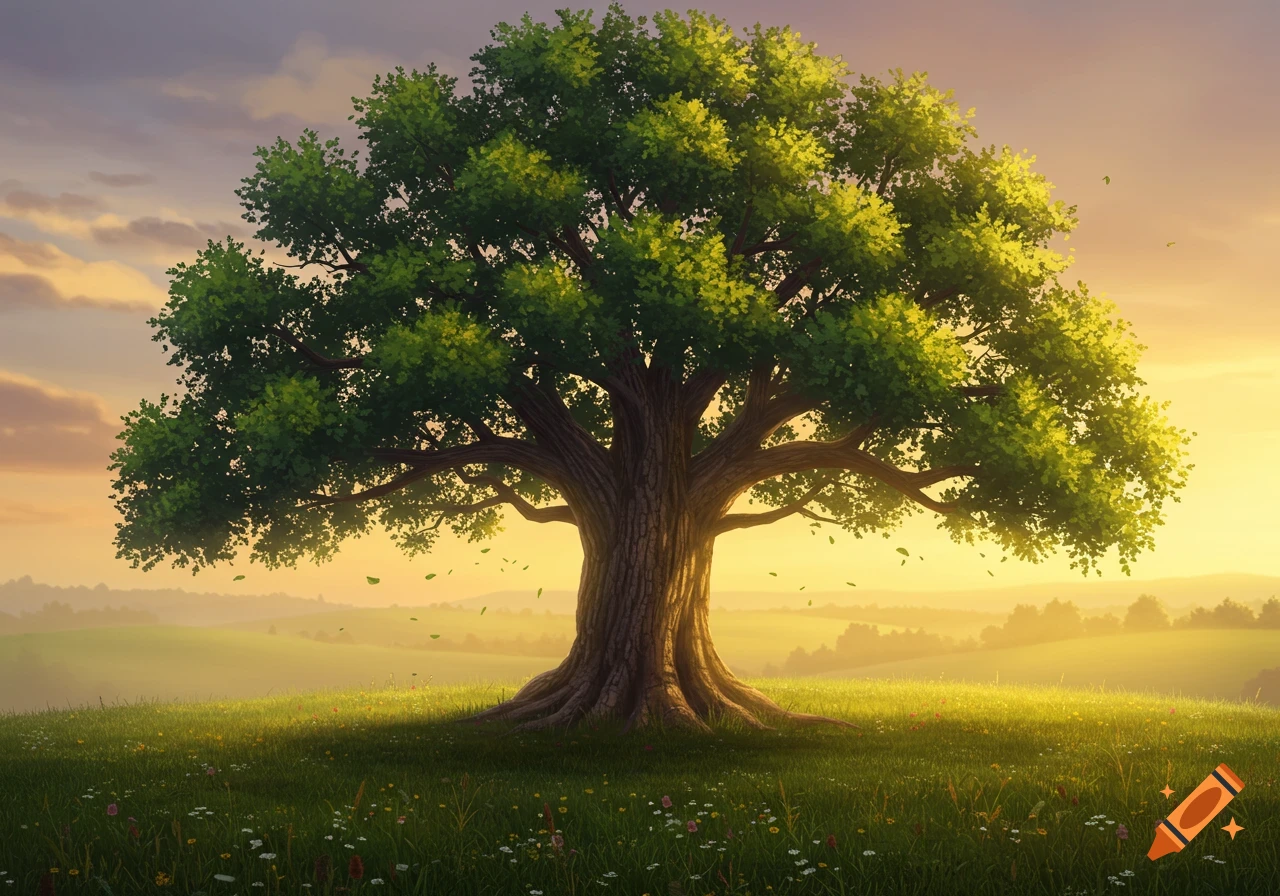 A large green tree stands alone on a grassy hill with wildflowers, bathed in the warm light of a sunset sky.