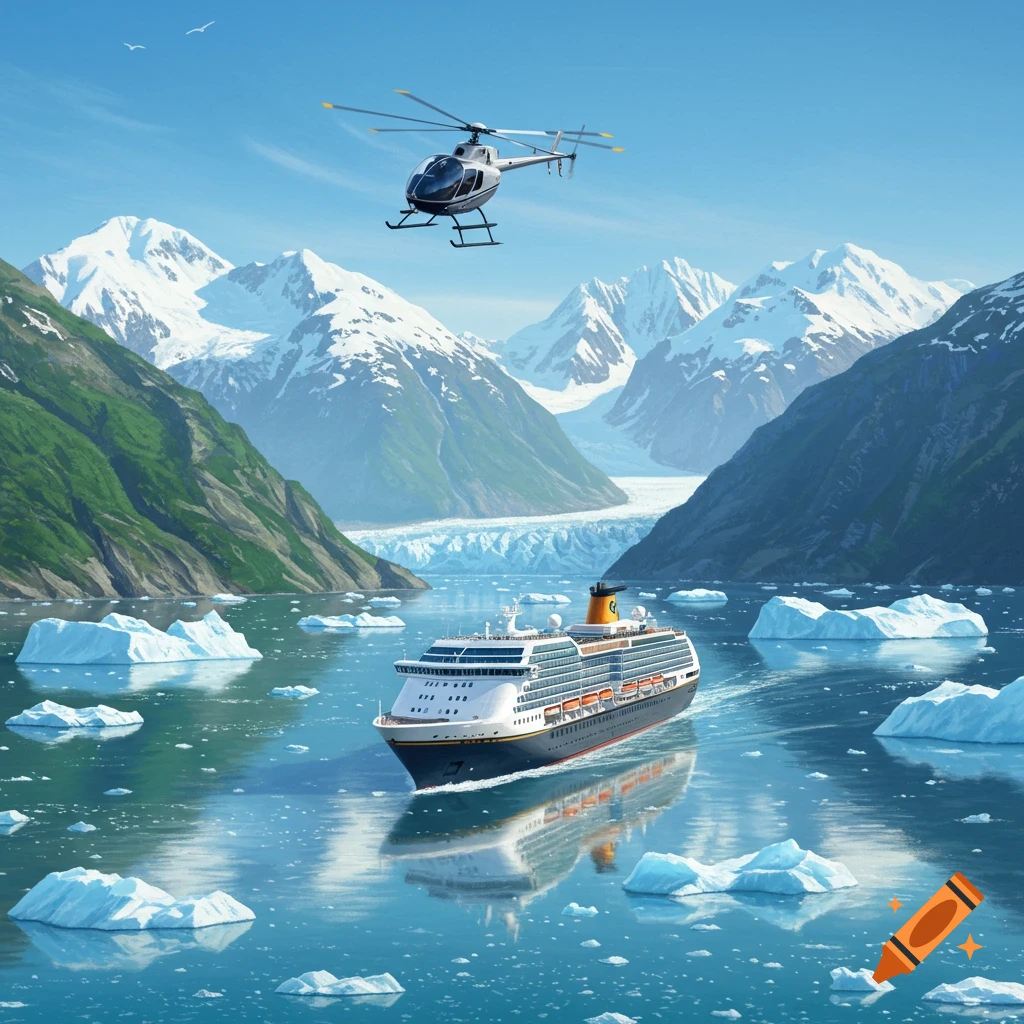 A cruise ship and helicopter navigate a glacial bay with icebergs, surrounded by towering snow-capped mountains.
