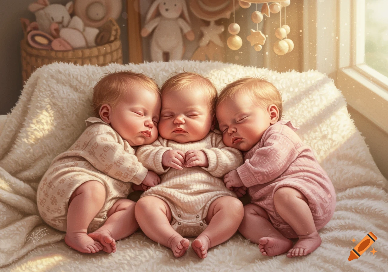 Three adorable baby girls with blonde hair sleeping peacefully on a soft white blanket in warm sunlight, surrounded by nursery decorations.
