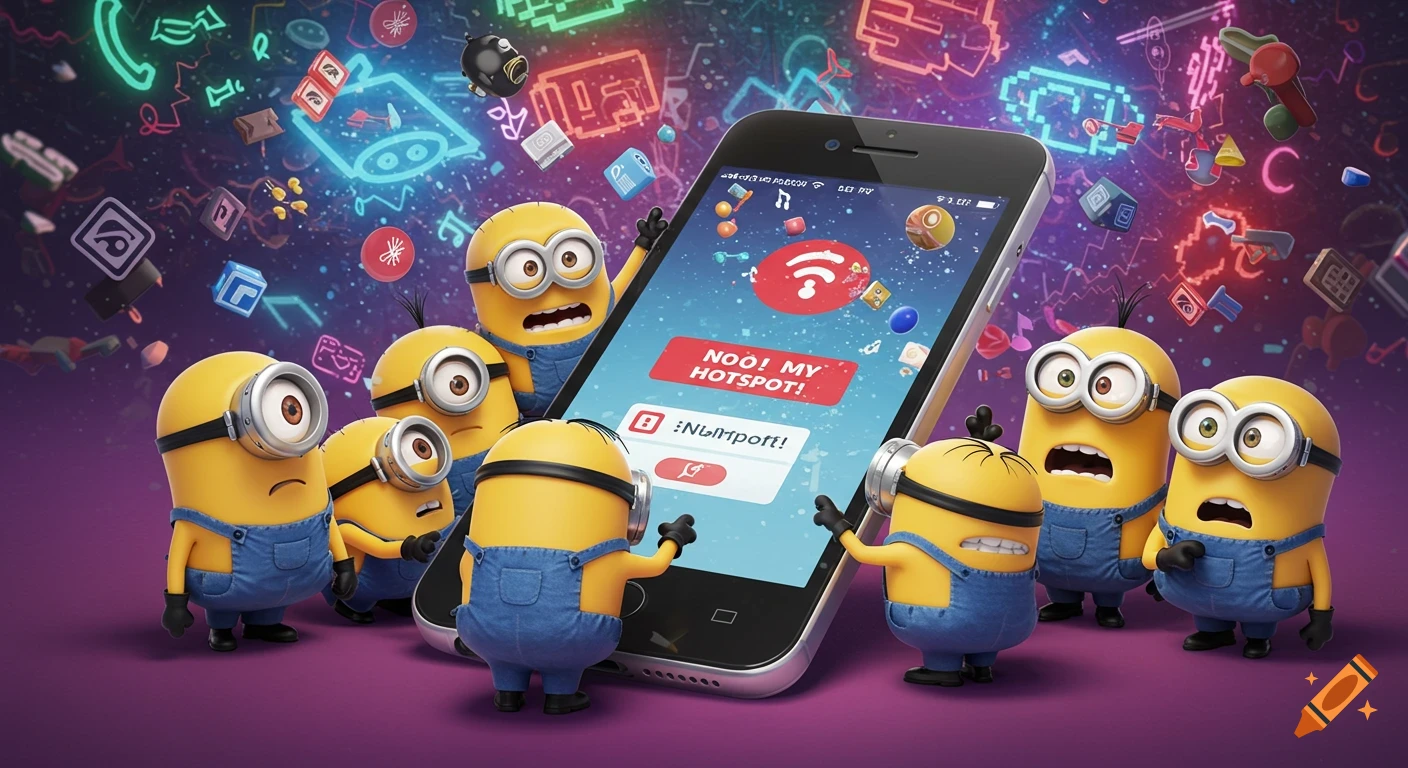 Several Minions gather around a smartphone displaying 'NOO! MY HOTSPOT!' and other text, with a vibrant, glowing background of digital icons.