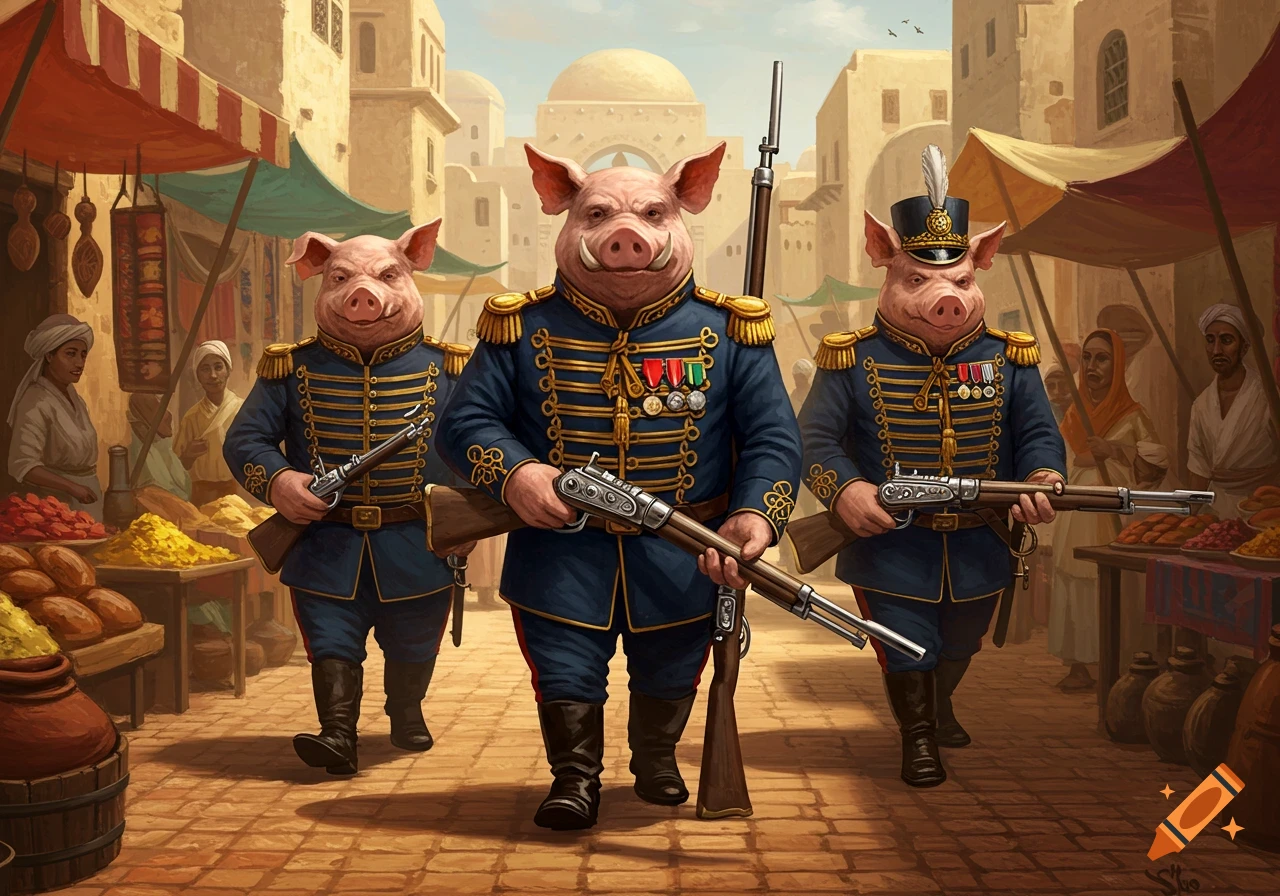 Three anthropomorphic pigs in ornate blue military uniforms walk through a bustling desert marketplace, carrying rifles.