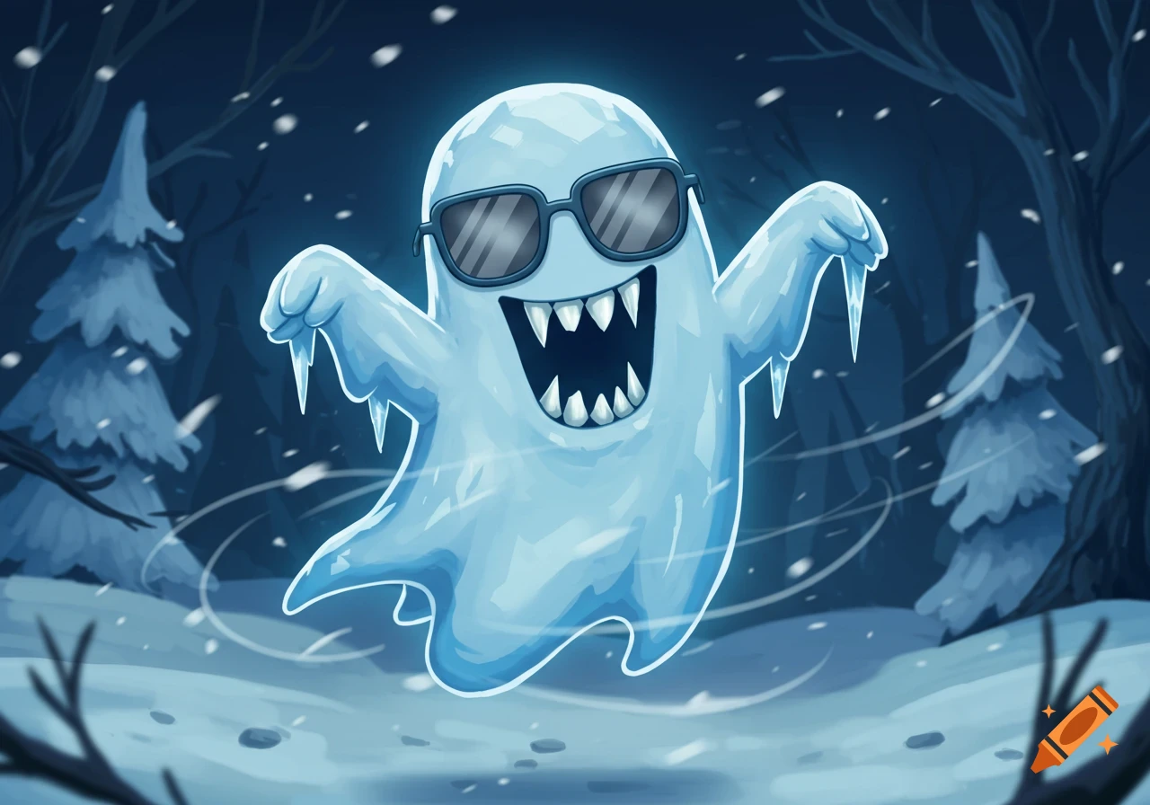 A cool, cartoony icy ghost with sunglasses and sharp teeth floats in a snowy, dark blue winter forest.