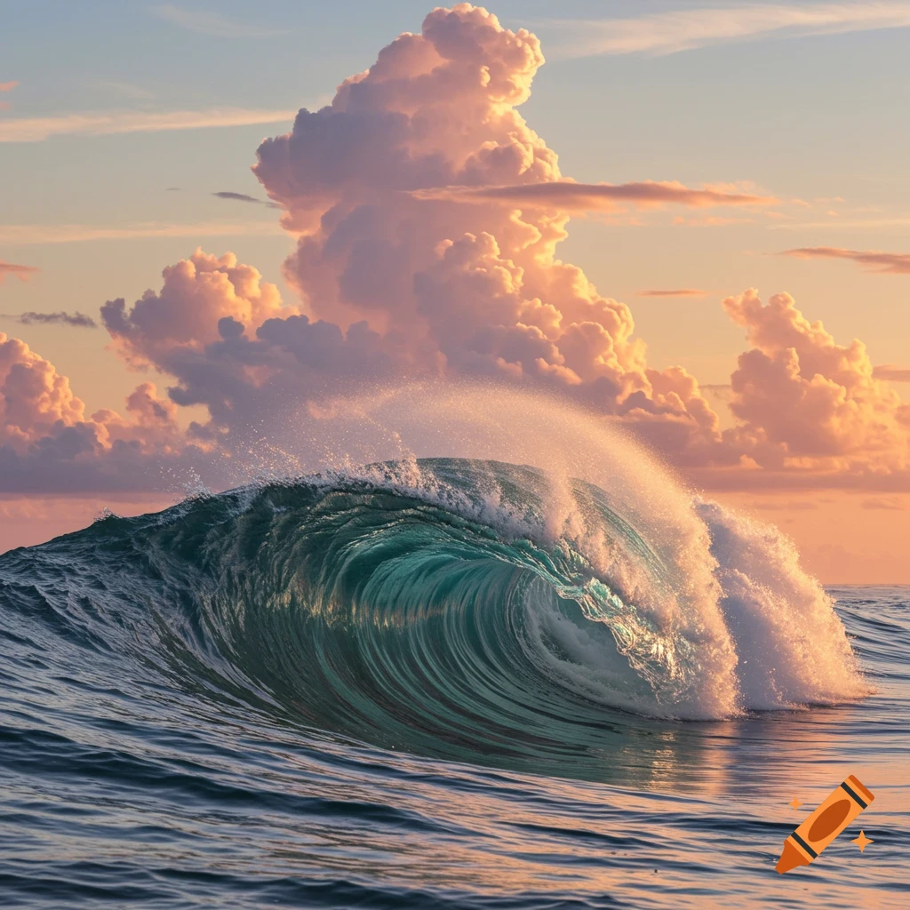Large blue-green wave crests in the ocean under a pastel sky with voluminous orange-pink clouds.