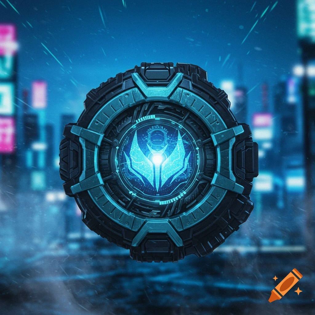 A detailed, glowing blue futuristic device with intricate mechanisms, set against a blurred cyberpunk city backdrop.