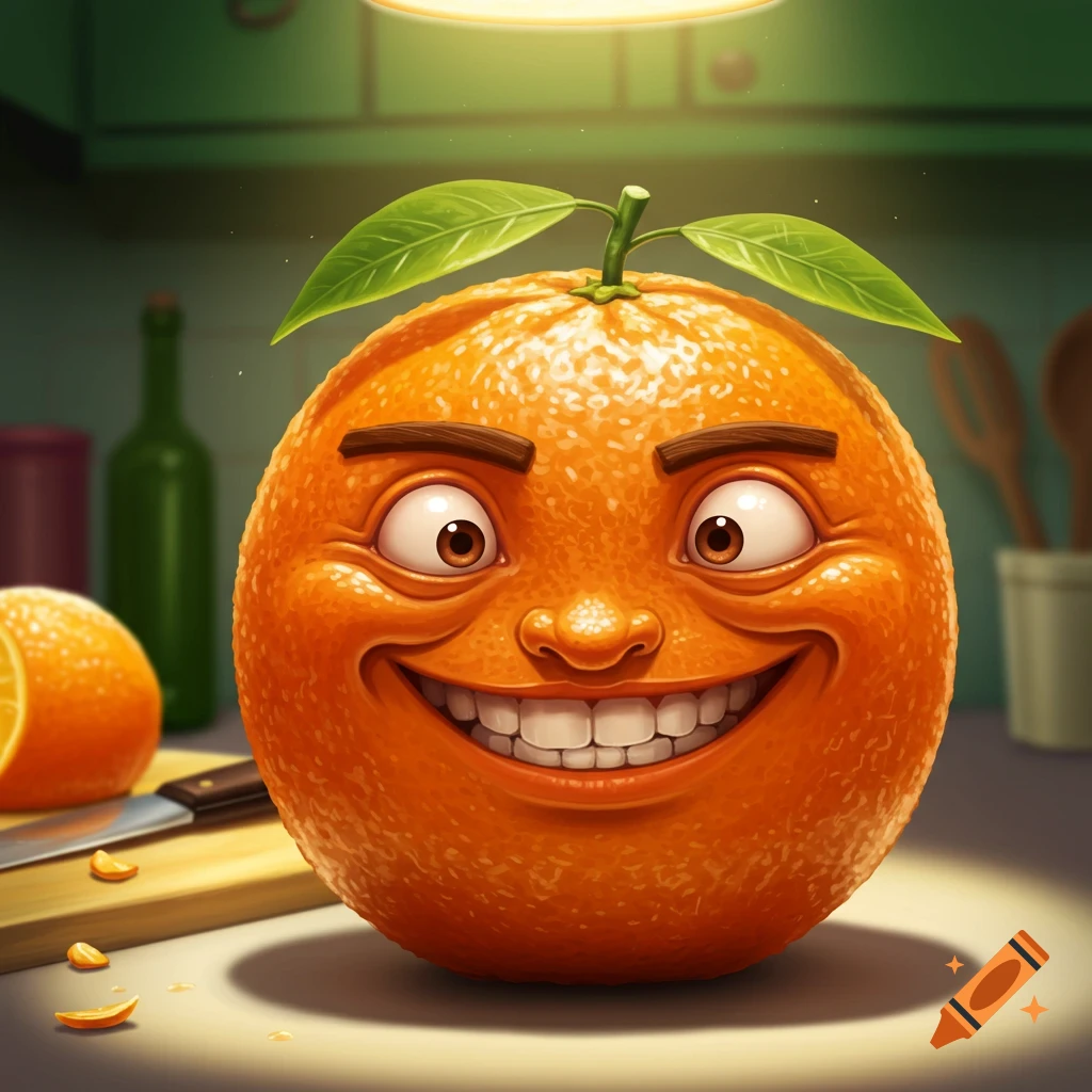 A cartoon anthropomorphic orange with a wide smile and large eyes sits on a kitchen counter next to a knife and cut orange.