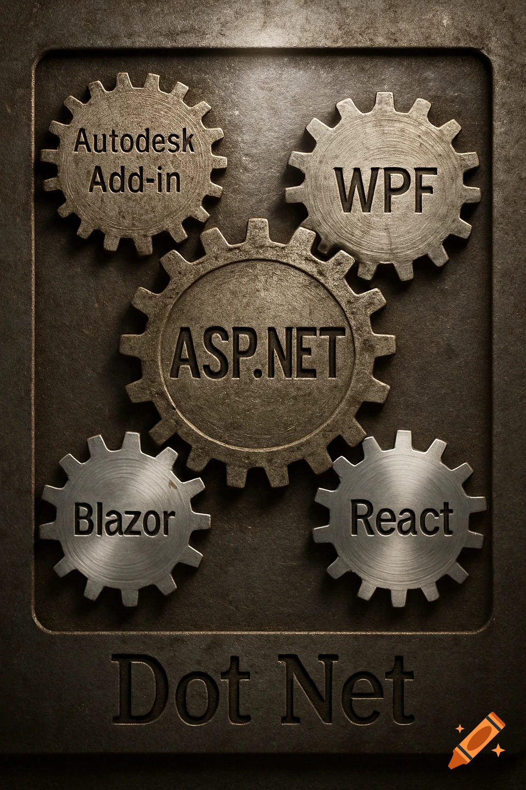 Close-up of worn metal gears engraved with programming terms like "ASP.NET", "WPF", "Blazor", "React", and "Autodesk Add-in", with "Dot Net" at the bottom.
