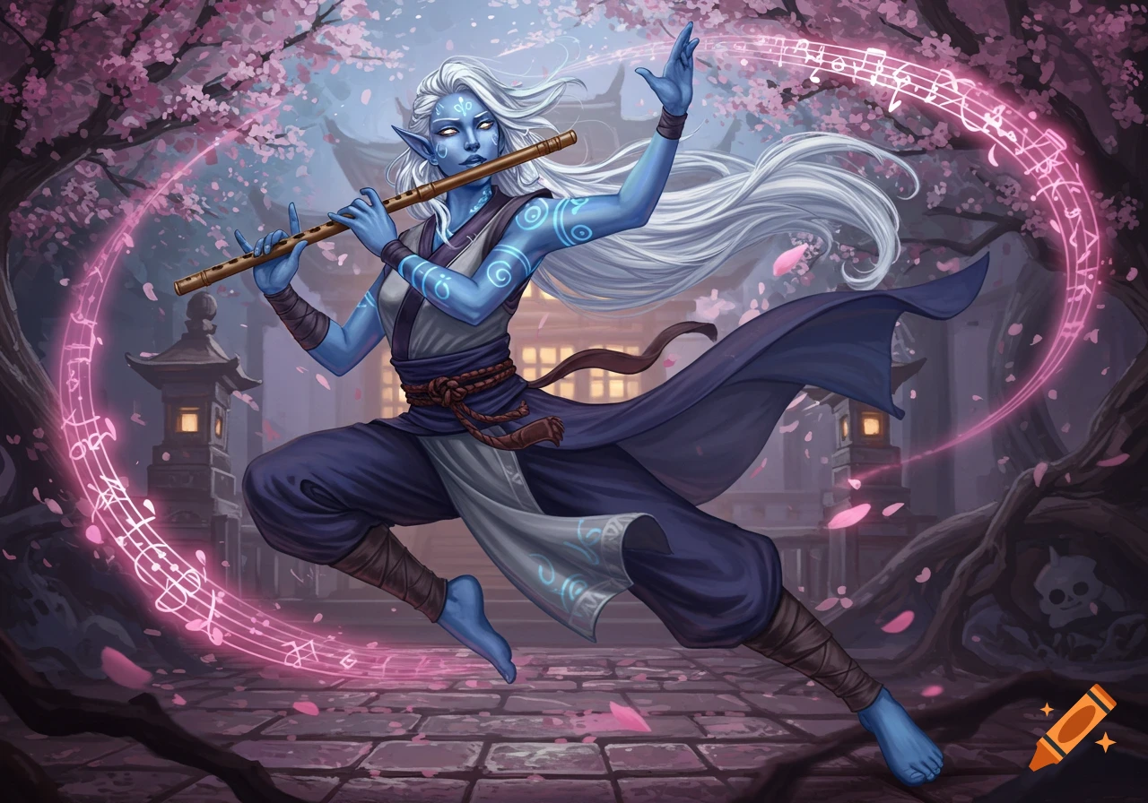 Blue-skinned Air Genasi woman with white hair plays a flute amidst pink cherry blossoms and magical musical notes.