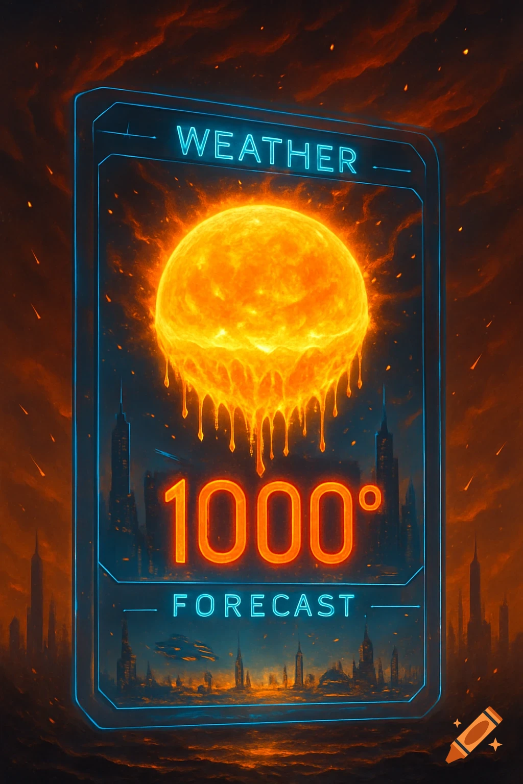 A futuristic weather forecast screen shows a melting sun above a 1000-degree reading and a dystopian cityscape.