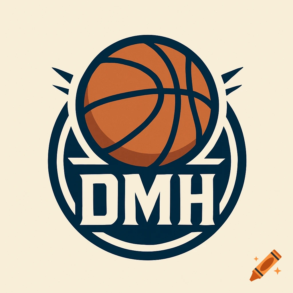 Stylized basketball logo with dark blue circle emblem and white outline, featuring an orange basketball above the letters DMH.