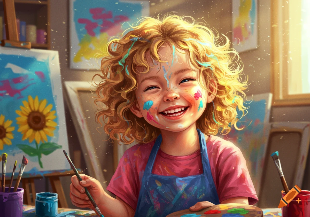A happy child with paint on their face and hair, wearing an apron, holding a paintbrush and palette in an art studio.