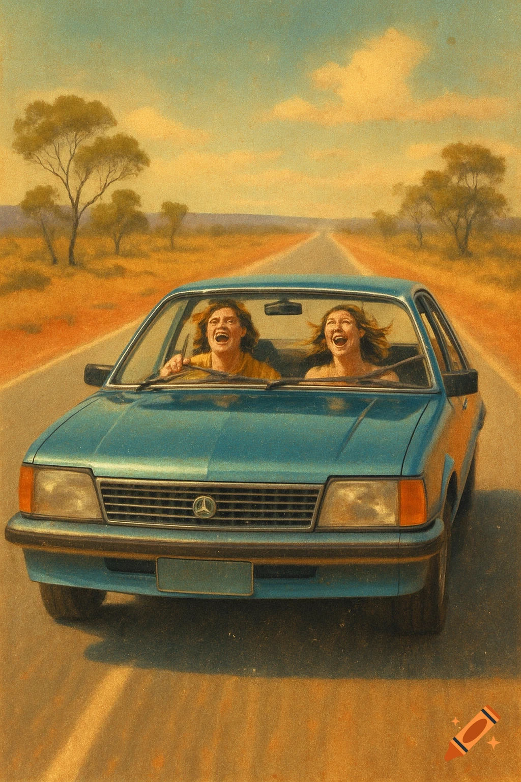 Two joyful people singing in a vintage teal car driving on a long, straight road through a dry, Australian landscape under a blue sky.