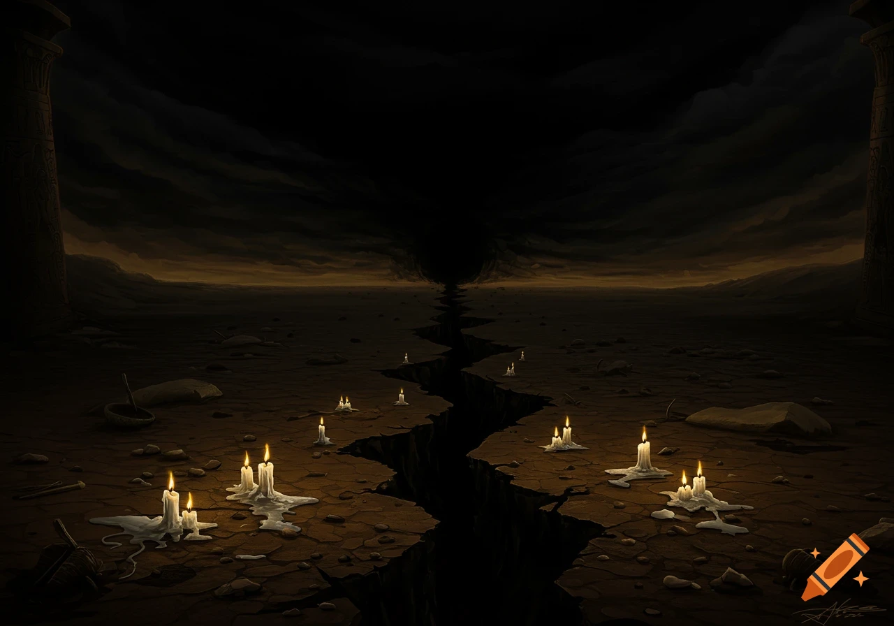 A dark, desolate landscape with a large crack leading to an abyss, illuminated by melting candles under a stormy sky, framed by ancient pillars.