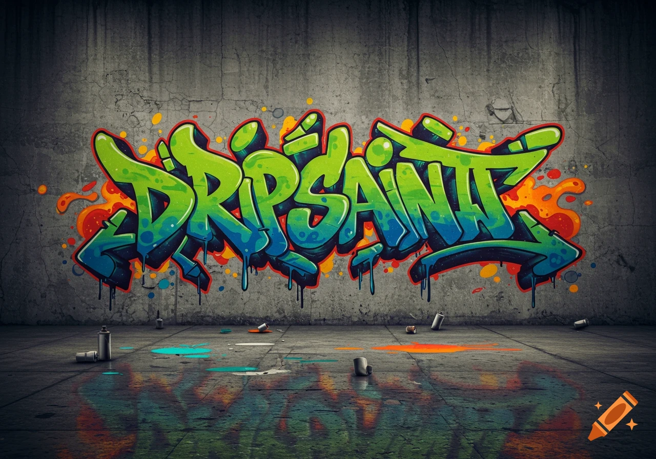 Vibrant green and blue graffiti spelling "DRIPSAINT" on a grungy concrete wall with scattered spray cans.