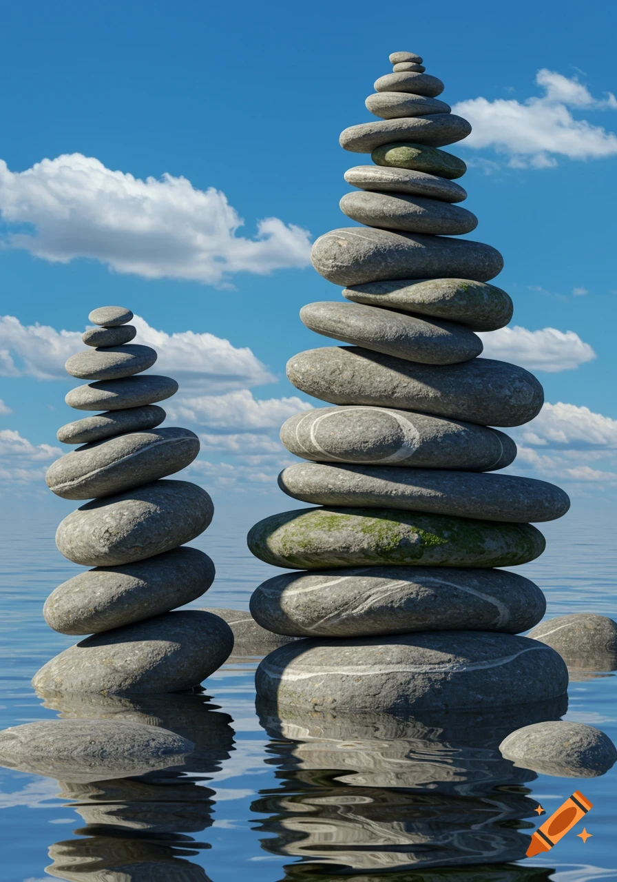 Two photorealistic piles of balanced grey stones, or cairns, stand in calm blue water under a bright sky with white clouds.