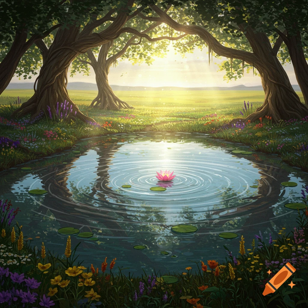 A vibrant fantasy landscape featuring a pond with a pink lotus flower surrounded by lush green trees and colorful wildflowers at sunrise.