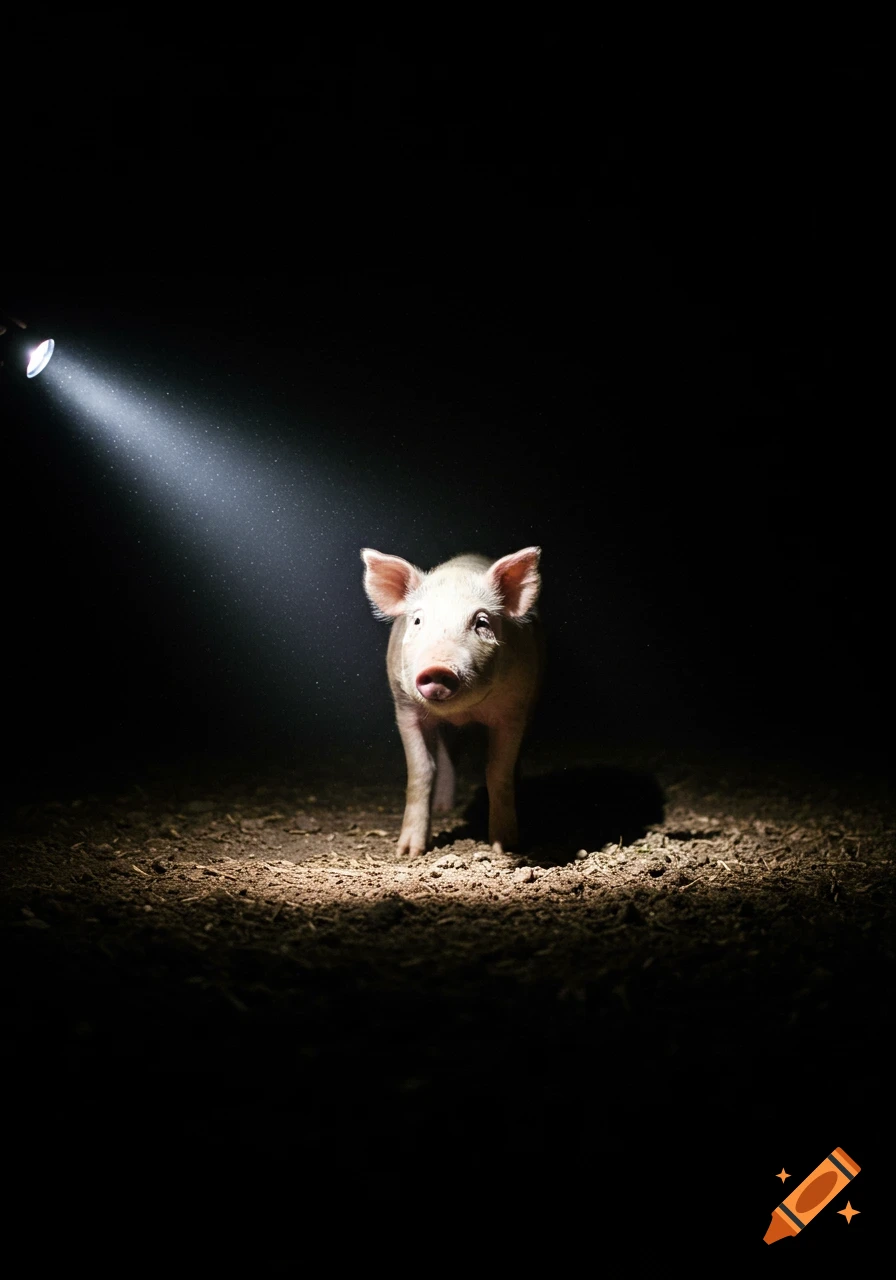 A small pig stands on a dirt ground in a dark room, illuminated by a bright spotlight from the left.