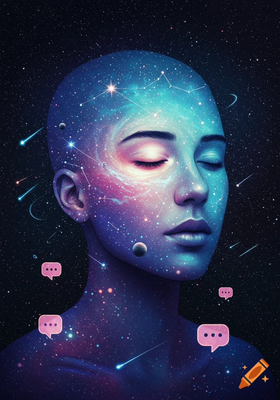 A surreal portrait of a person's head and shoulders, filled with a vibrant cosmic galaxy, stars, planets, and floating pink chat bubble icons.