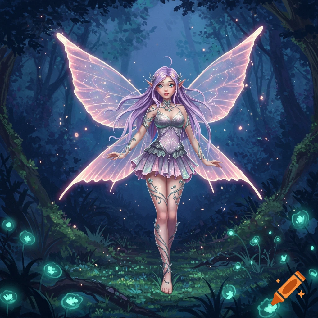 An anime-style fairy with long purple hair and large glowing pink wings stands in a magical dark forest with glowing plants.