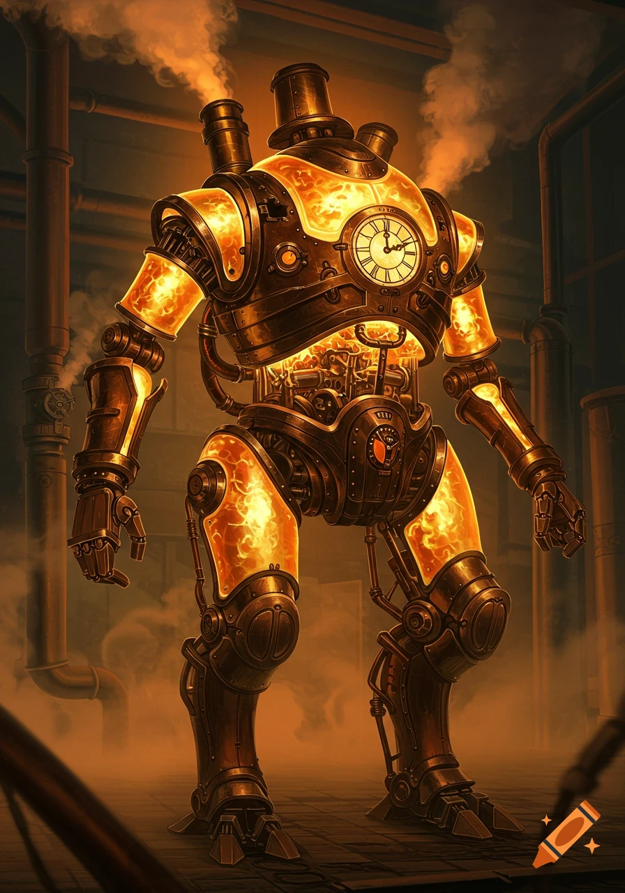 A detailed steampunk robot, glowing with internal heat and fire, stands in a hazy, pipe-filled industrial setting.