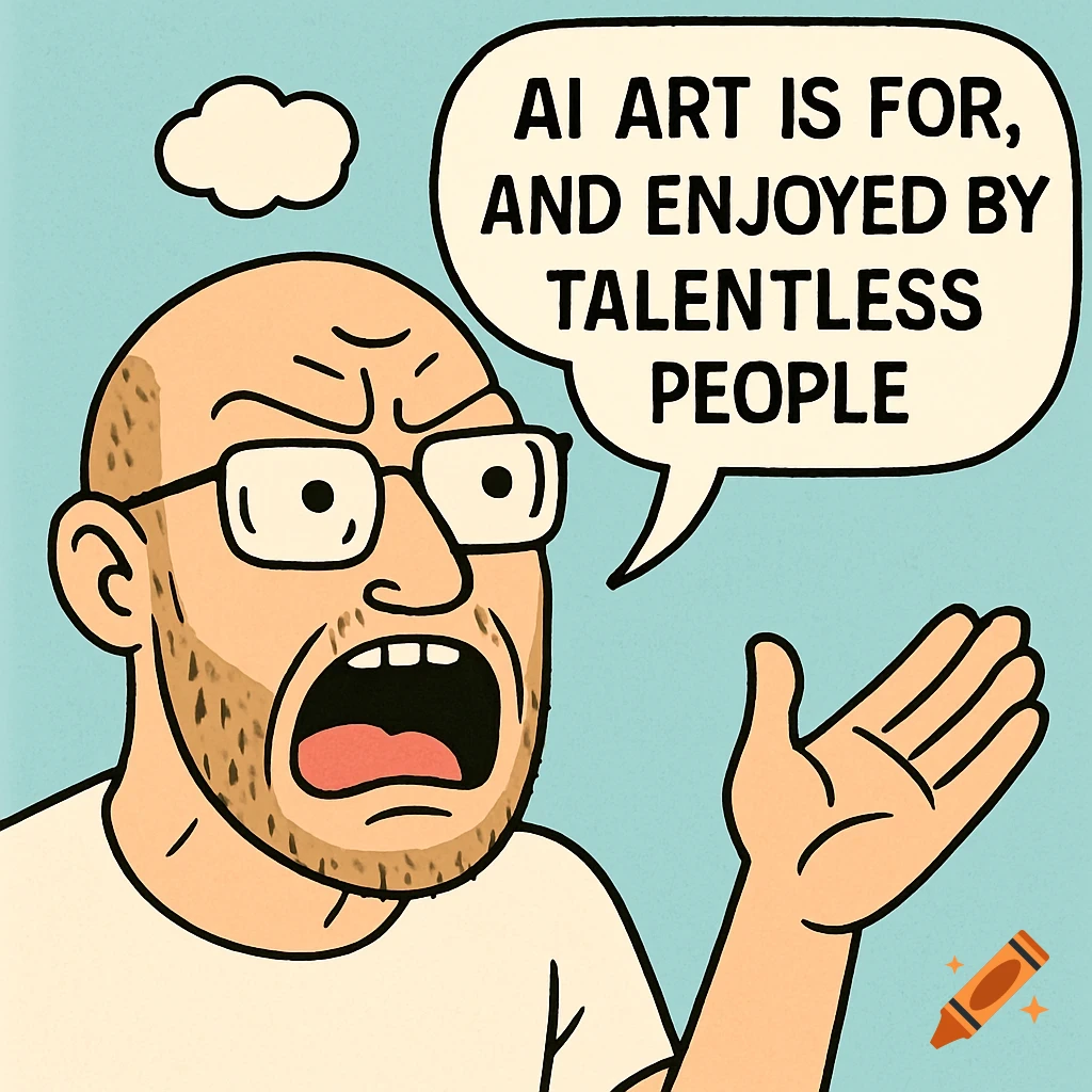 A cartoon of an angry, bald man with glasses and a beard, yelling. A speech bubble reads: AI ART IS FOR, AND ENJOYED BY TALENTLESS PEOPLE.