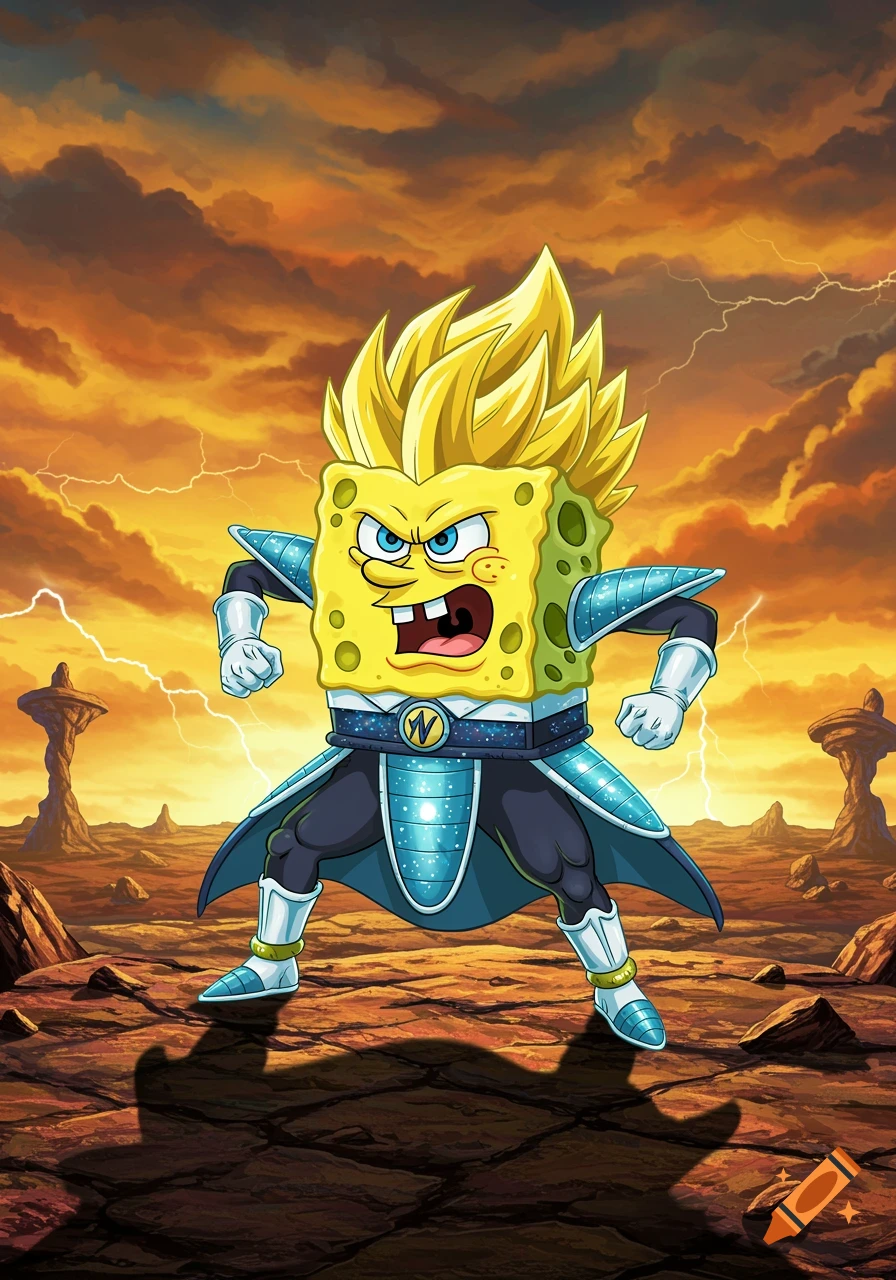 Spongebob Squarepants as Super Saiyan Vegeta in a battle pose, with spiky yellow hair, blue armor, and a fierce expression, against a dramatic orange sky with lightning.