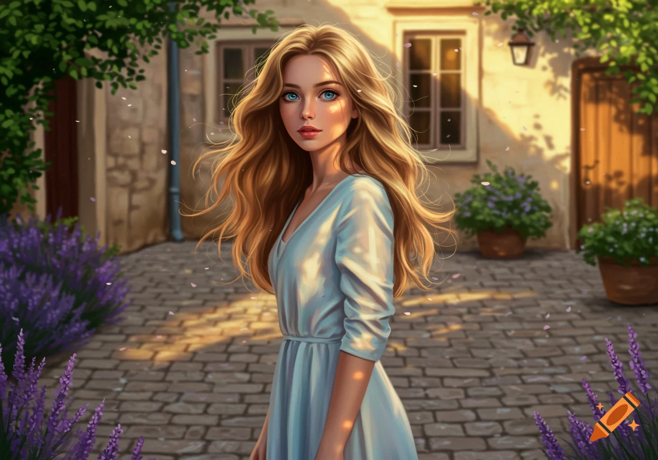 A young woman with long blonde hair and blue eyes in a light dress stands on a cobblestone path among lavender plants.