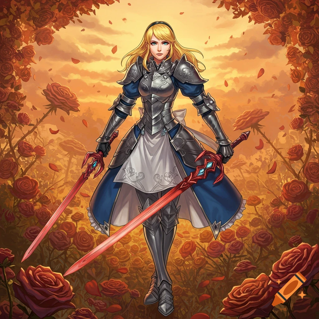 An anime-style image of a blonde woman in a blue and white dress with full knight's armor and two red swords, standing in a field of red roses under an orange sky.