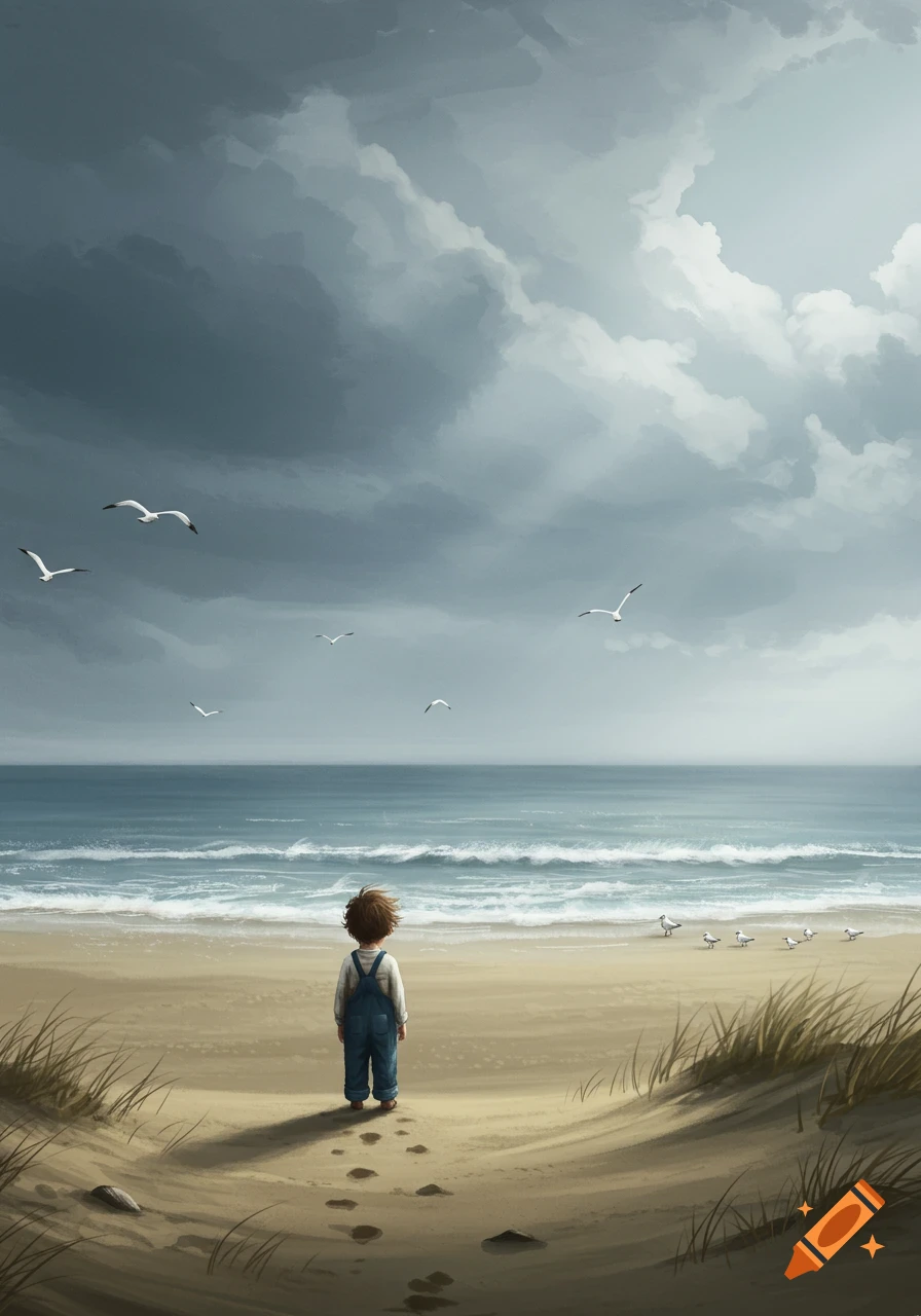 A young boy stands on a sandy beach, looking at the ocean under a cloudy sky with seagulls. Digital painting.