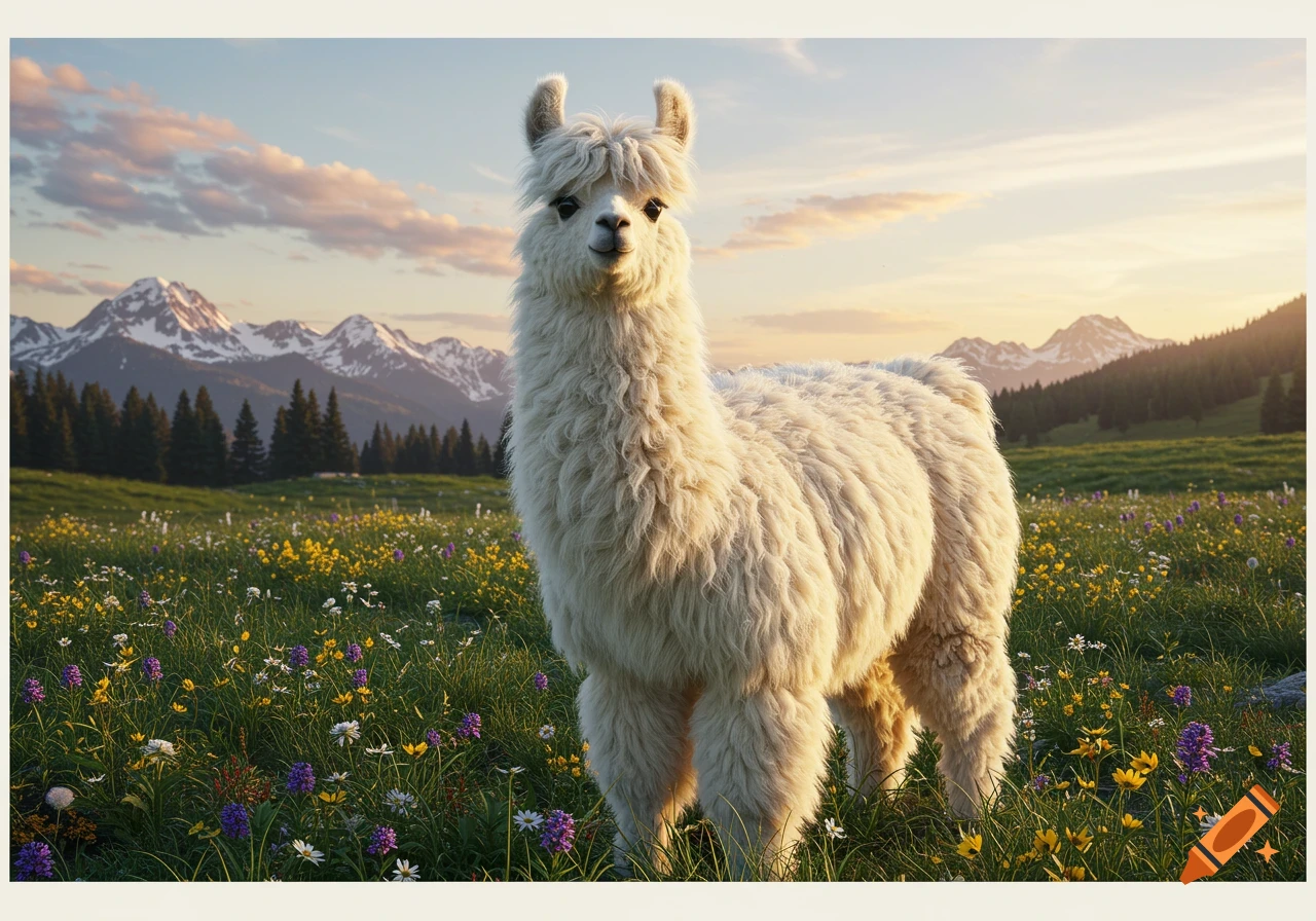 A fluffy white llama stands in a field of wildflowers with mountains and a sunset sky in the background.