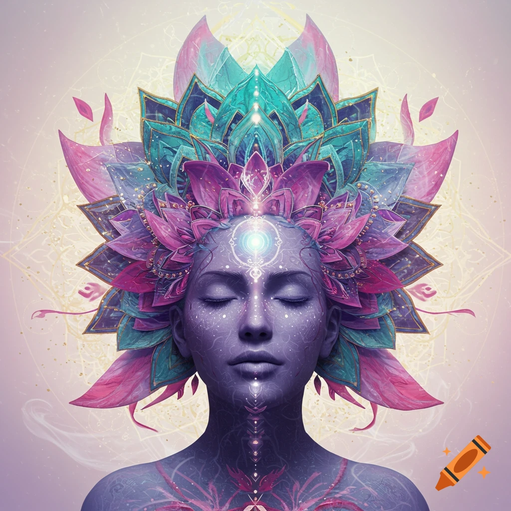 A stylized portrait of a woman with closed eyes, her head adorned with large, colorful lotus-like flowers in teal, purple, and pink.