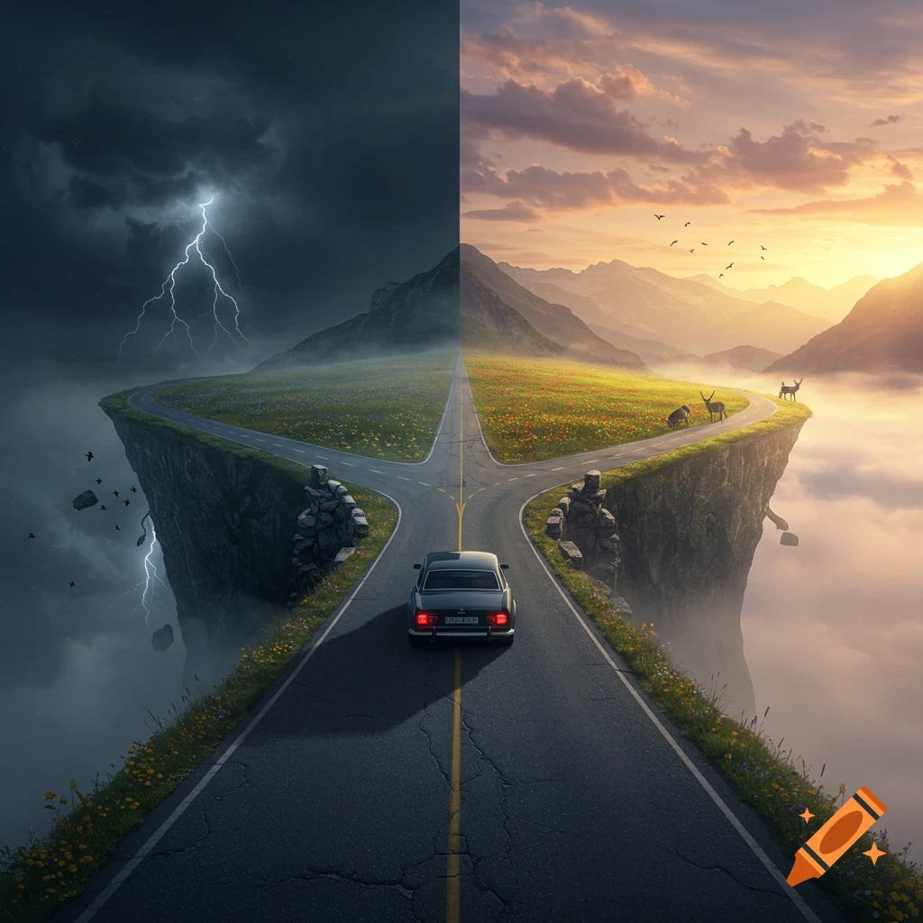 A dark car sits at a fork in a road that splits into two paths over cliffs, one leading to a stormy, lightning-filled abyss, the other to a sunny, peaceful landscape with mountains and animals.
