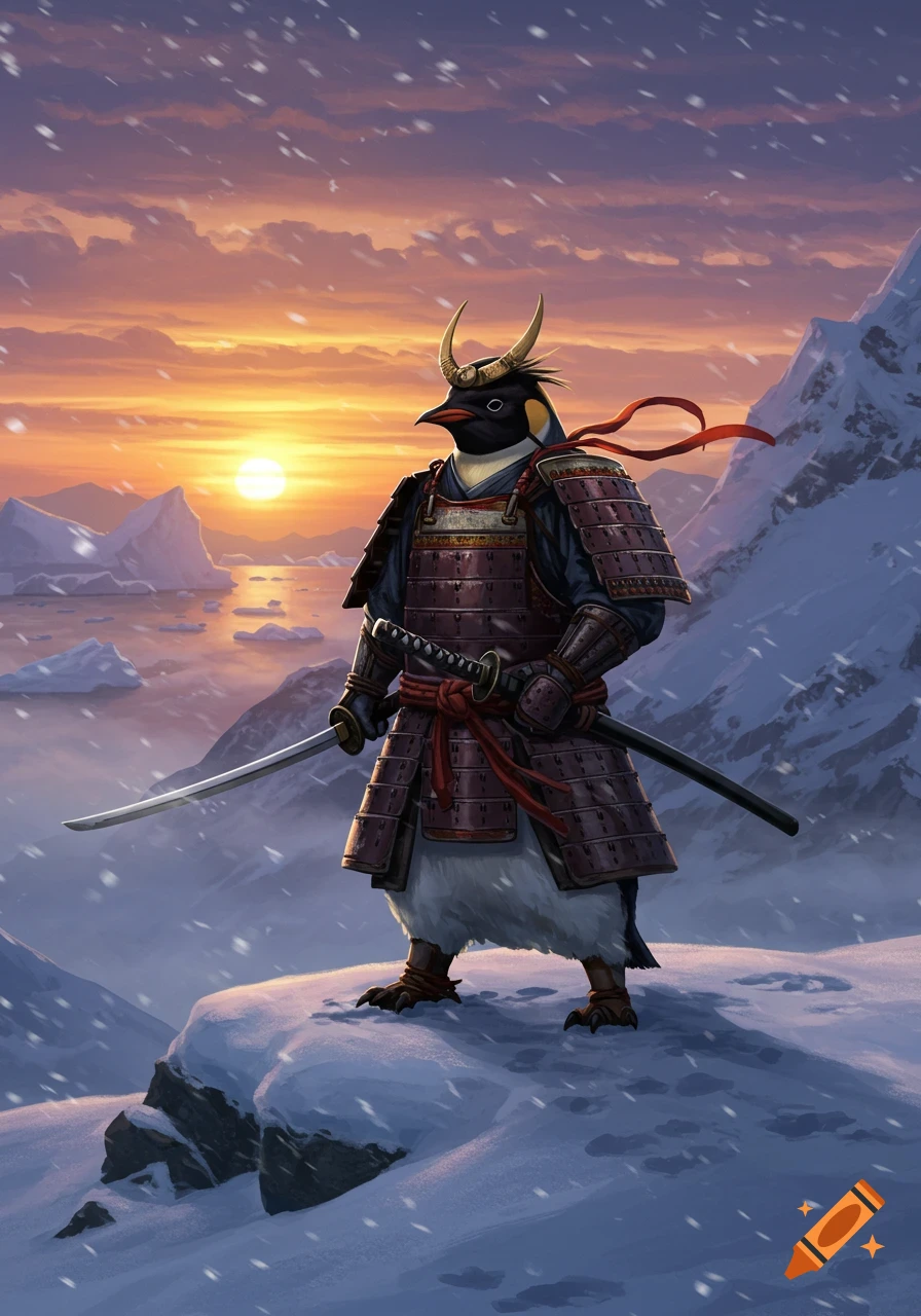 A majestic samurai penguin stands on a snowy mountain peak at sunset, holding a katana with icebergs and water in the background.