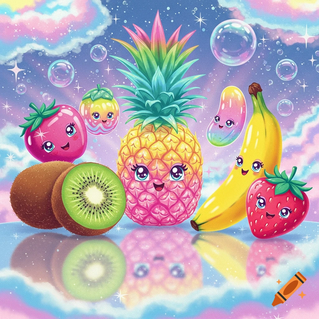 Vibrant, whimsical Lisa Frank style illustration of smiling anthropomorphic fruits (pineapple, strawberries, kiwi, banana) on a reflective surface.