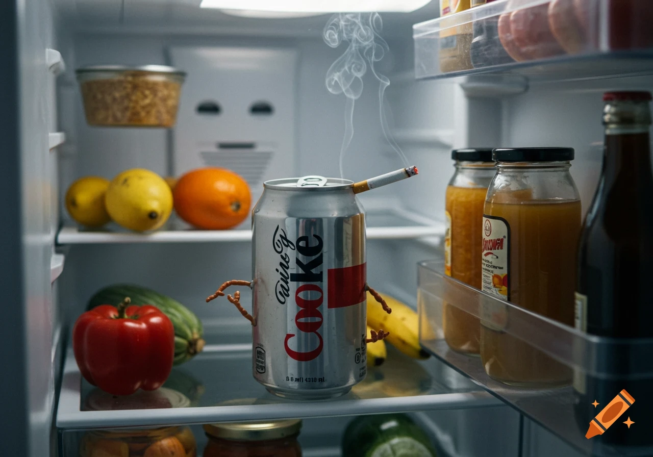 A soda can with pretzel arms smokes a cigarette inside a refrigerator filled with food, in a photorealistic style.