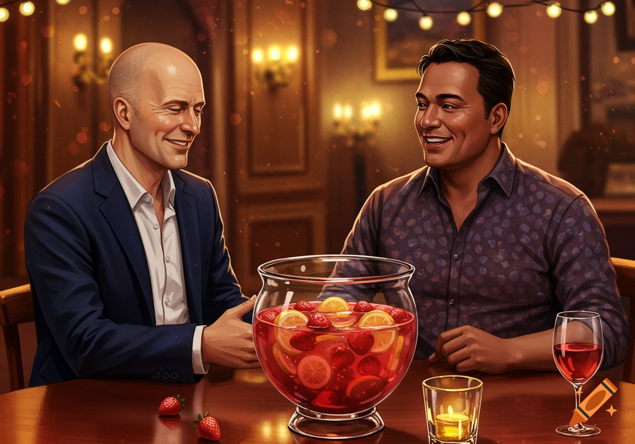 Two smiling men sit at a table across from a large punchbowl filled with fruit, in a warmly lit room.