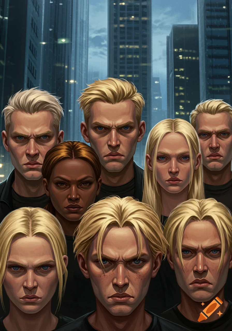 A stylized illustration depicts a group of serious-looking people, mostly blonde with one dark-haired individual, scowling intensely against a blurry city skyline.