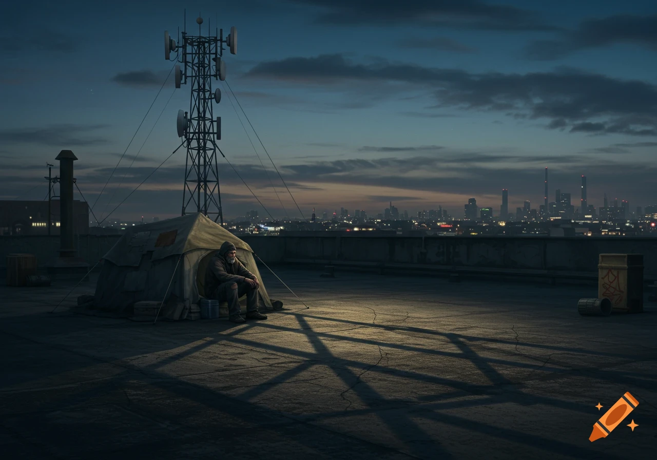 Photorealistic image of a man sitting in a tent on an urban rooftop next to a communication tower at dusk, with a city skyline in the background.