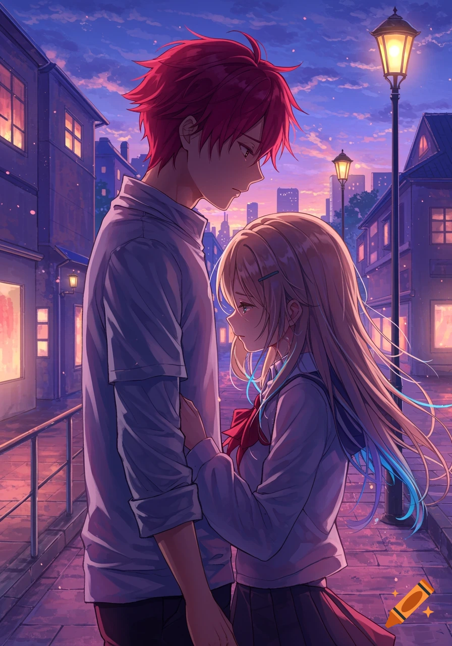 Anime couple with red-haired guy and blonde girl with blue tips on an urban street at dusk, appearing somber.