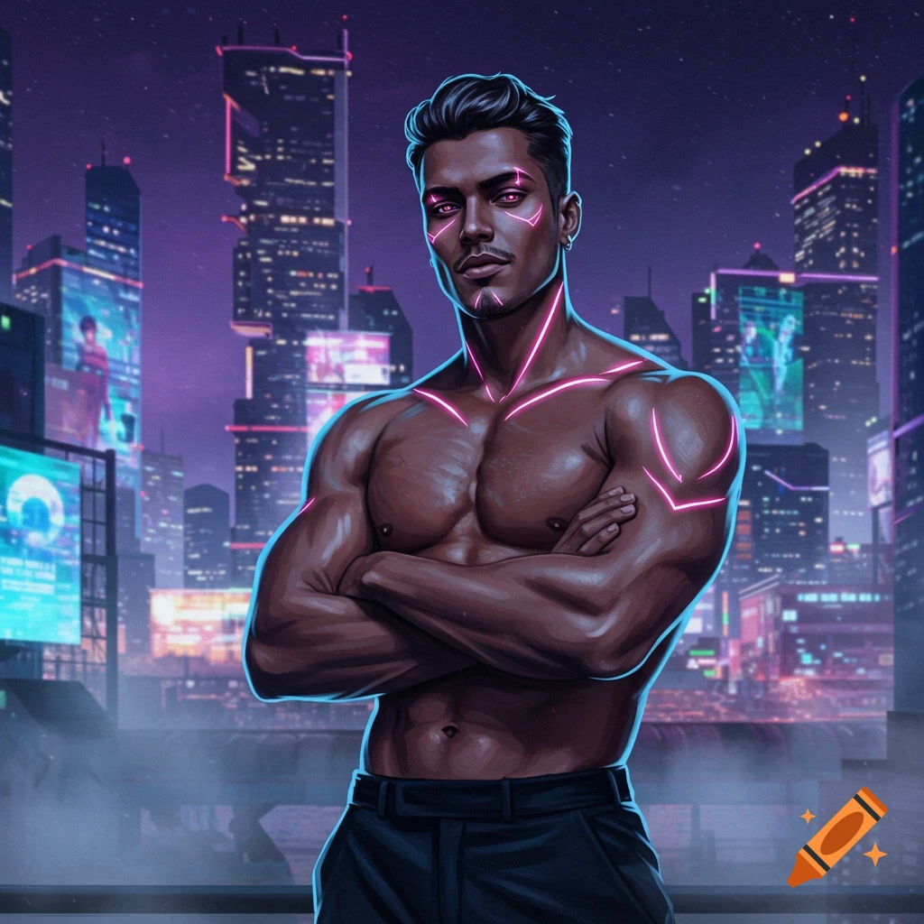 A muscular man with neon glow lines on his body and face stands against a futuristic cyberpunk cityscape at night.