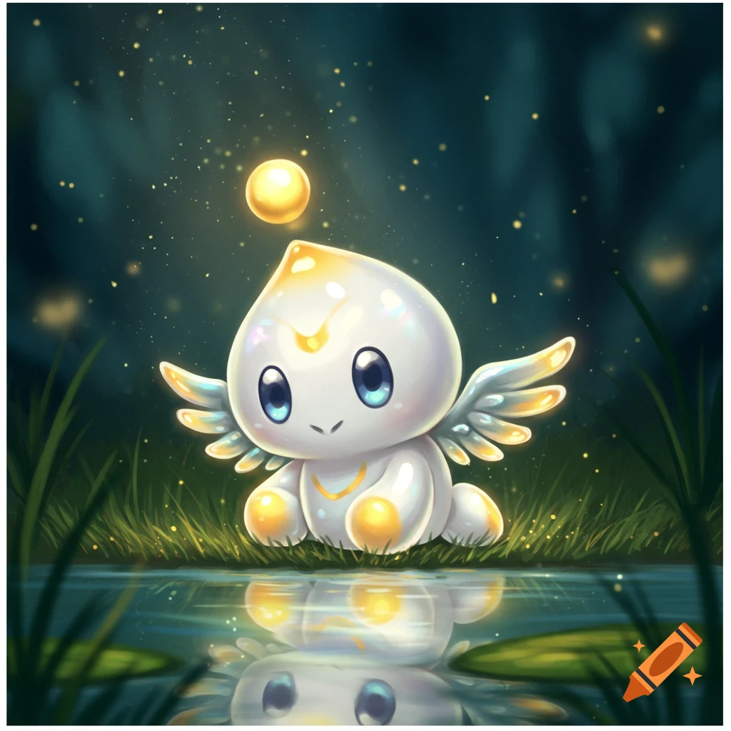 A cute, glowing white winged creature with blue eyes sits by a reflective pond in a mystical, dark forest.