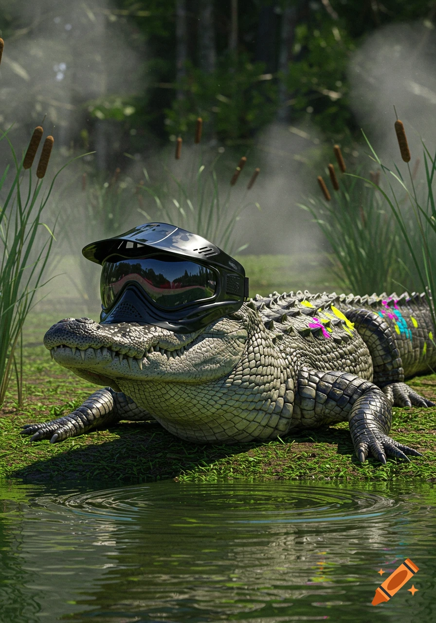 A photorealistic alligator wearing a black paintball mask and colorful paint splatters on its back, lies on grass at the edge of a swamp.
