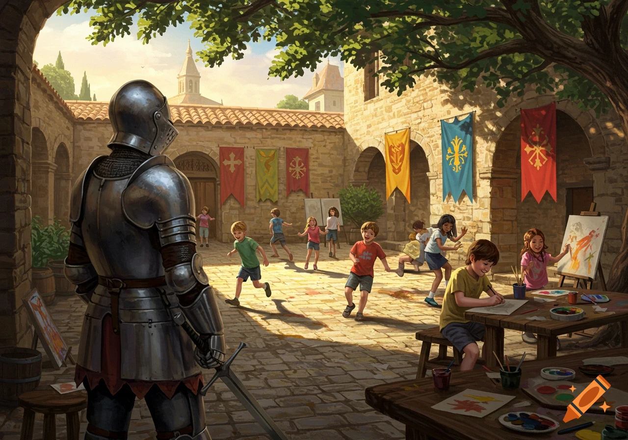 A knight in shining armor stands in a sunlit stone courtyard while children play, run, and paint.