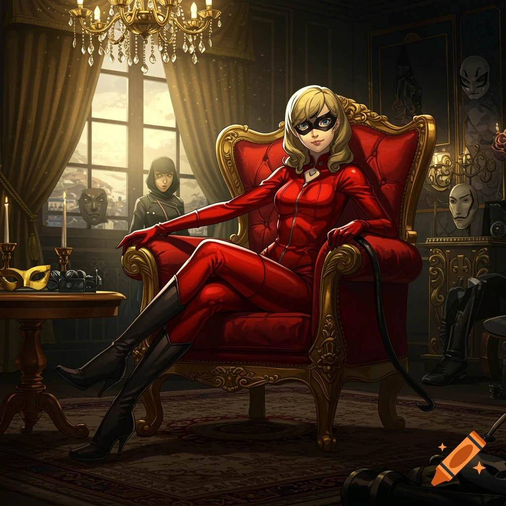 A masked blonde woman in a red catsuit sits regally in a golden throne-like chair within an ornate room, in an anime style.