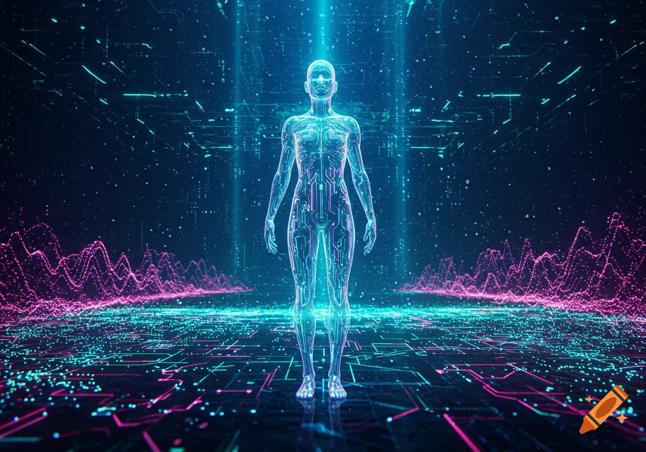 A glowing, translucent human figure made of circuits stands in a dark, futuristic digital space with neon blue and pink lines and waveforms.