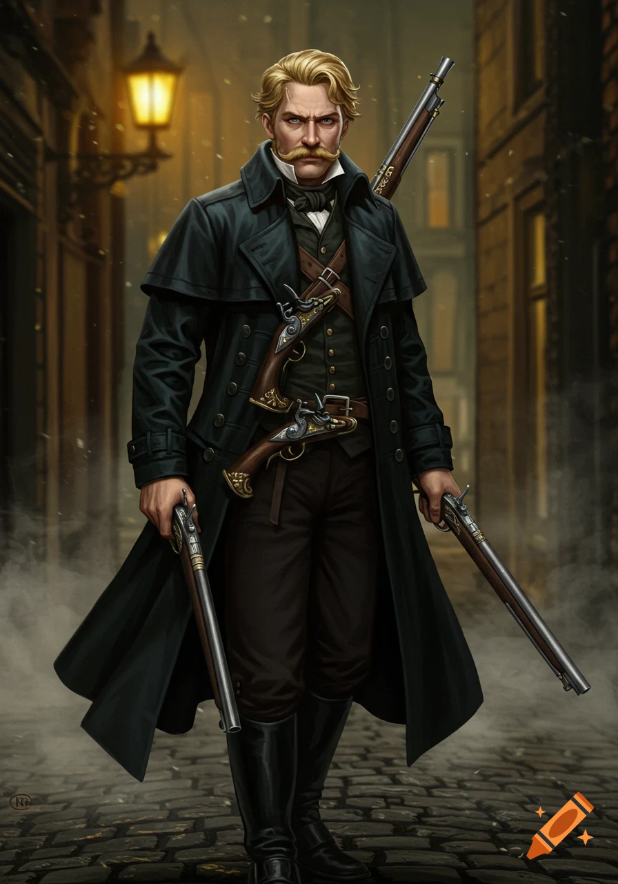 A blonde man with a mustache and muttonchops in a trench coat stands on a cobblestone street, holding flintlock pistols.